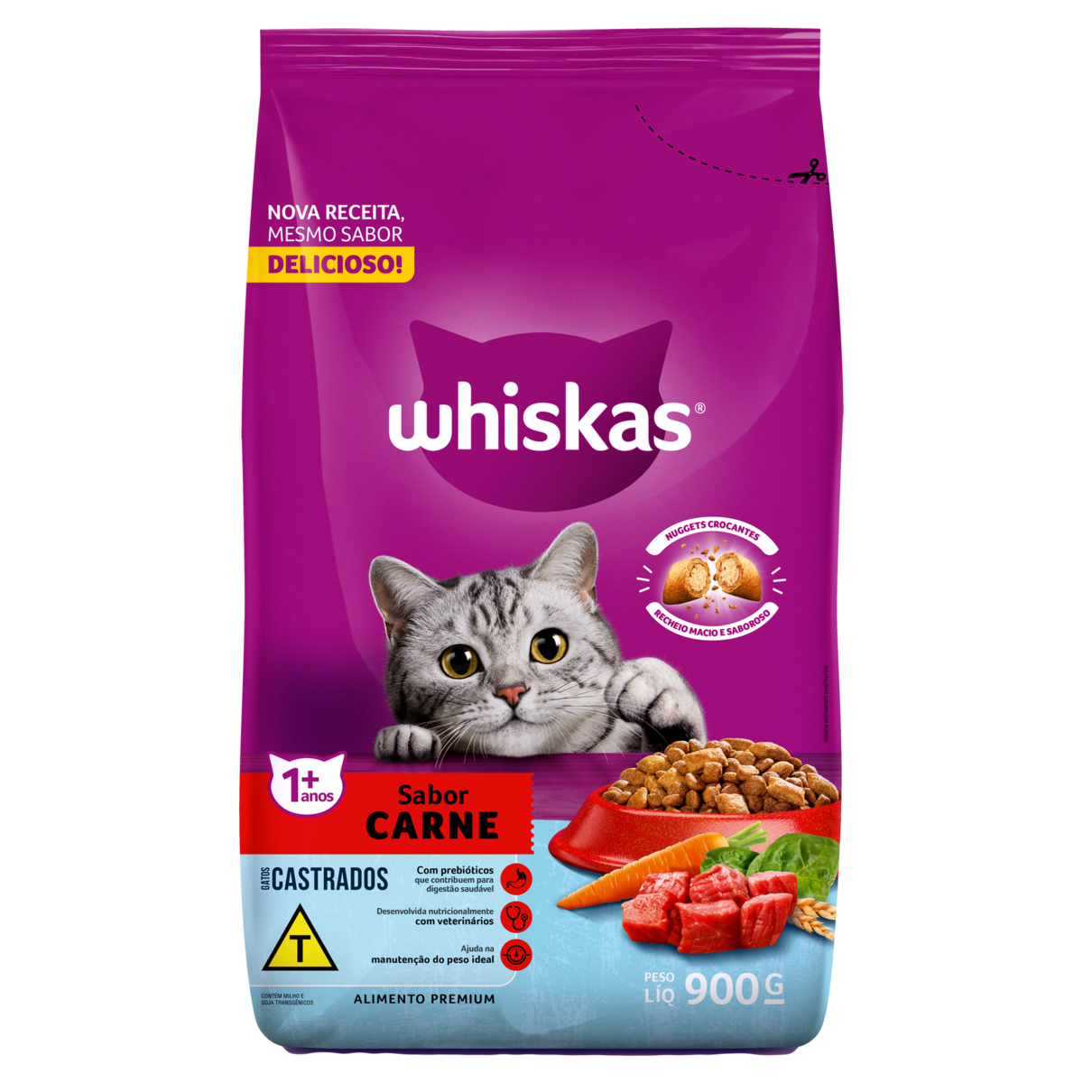 RACAO WHISKAS 900G GATOS CASTRADOS CARNE