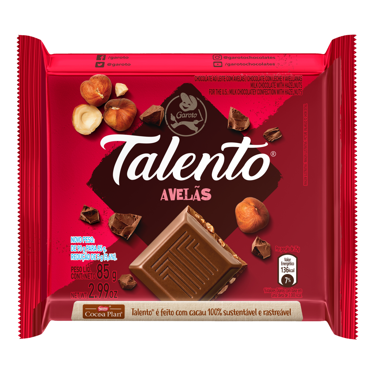 CHOC BARRA GAROTO 85G TALENTO AVELAS