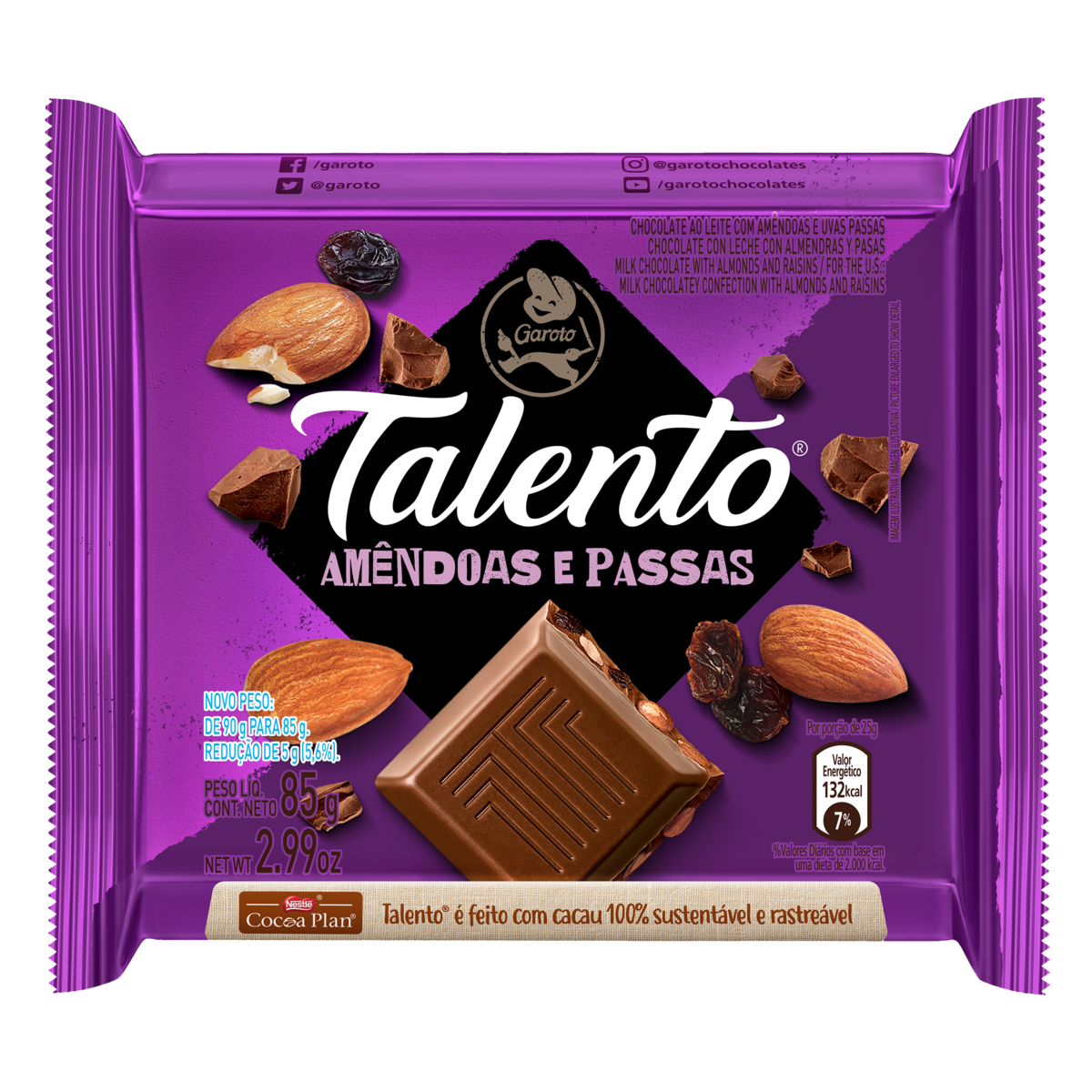 CHOC BARRA GAROTO 85G TALENTO AMEND/PASSAS