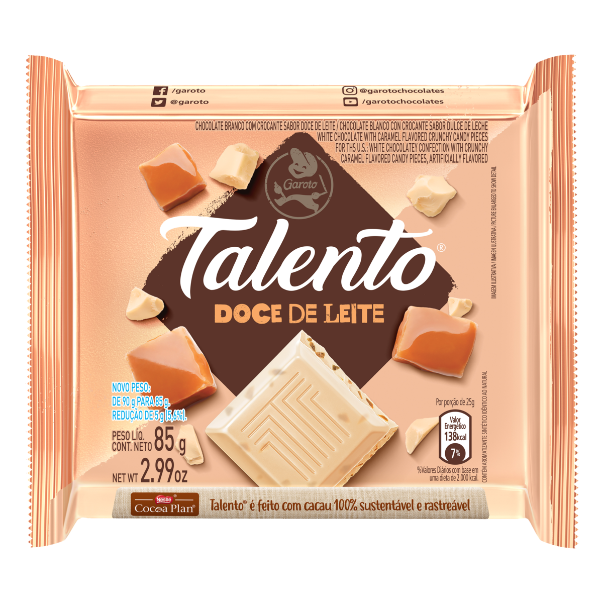 CHOC BARRA GAROTO 85G TALENTO BCO DOCE LEITE