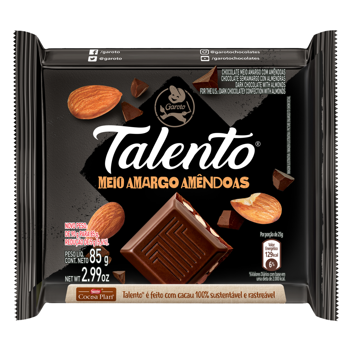 CHOC BARRA GAROTO 85G TALENTO MEIO AMARGO