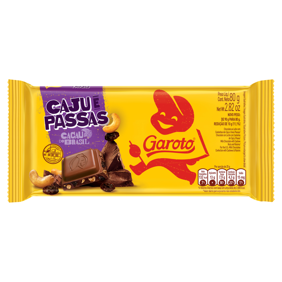 CHOC BARRA GAROTO 80G CAJU/PASSAS